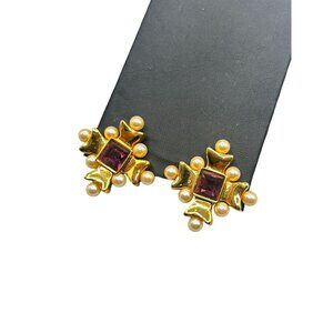 Vintage MVH Princess Michaela Von Habsburg Earrings Purple Rhinestones & Pearls